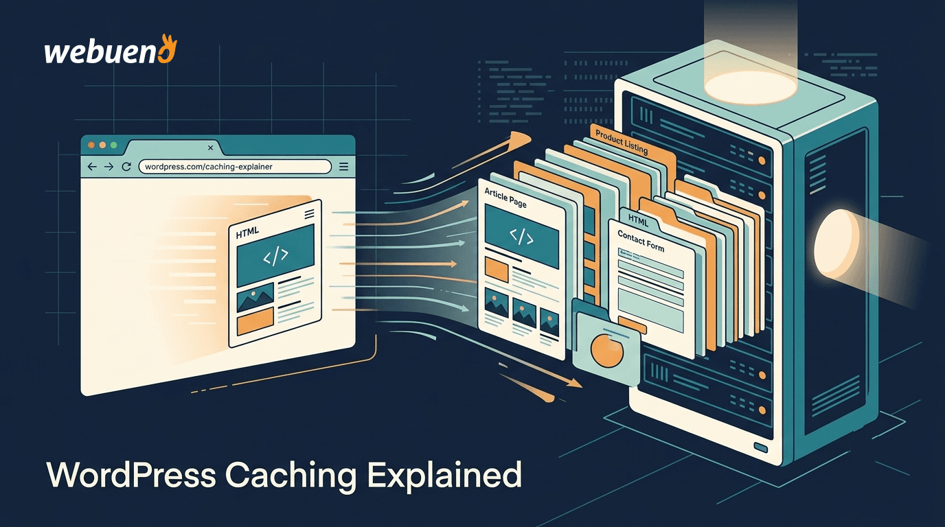 Illustration of a server rack delivering pre-built HTML webpage cards to a browser window representing how WordPress caching serves static pages instantly