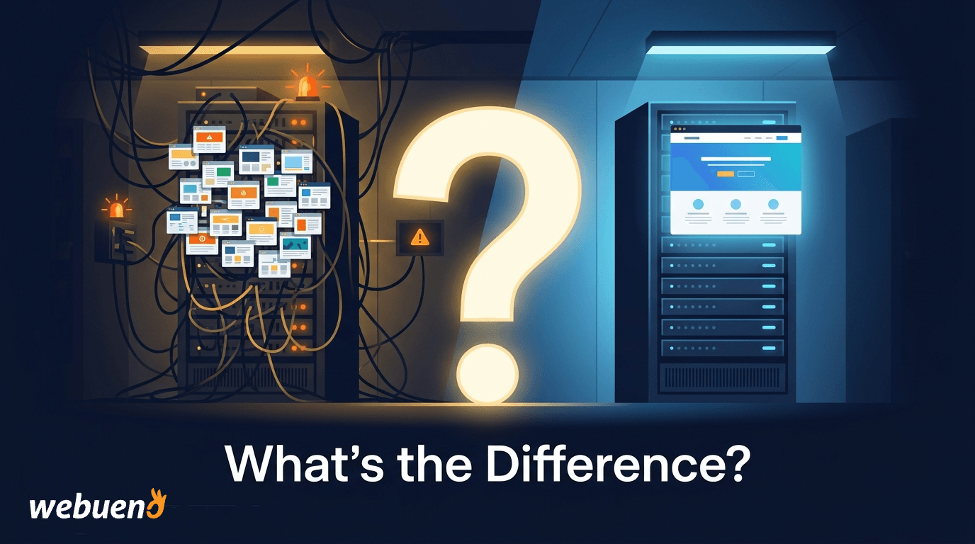 Shared hosting vs managed WordPress hosting comparison illustration showing a cluttered overloaded server on the left and a clean dedicated server on the right.