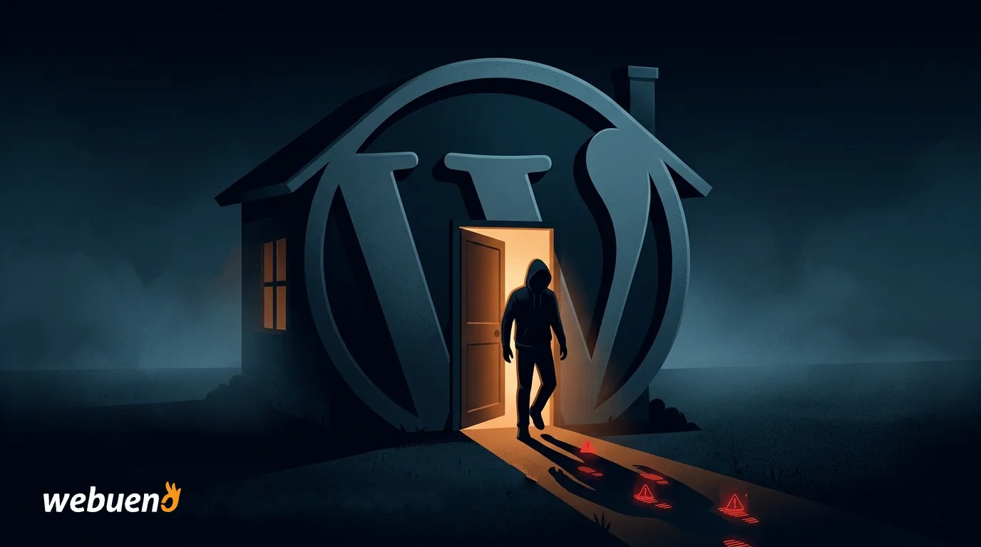 Illustration of a WordPress logo shaped as a house with an open door and a shadowy figure stepping inside representing unauthorized access to a WordPress site.