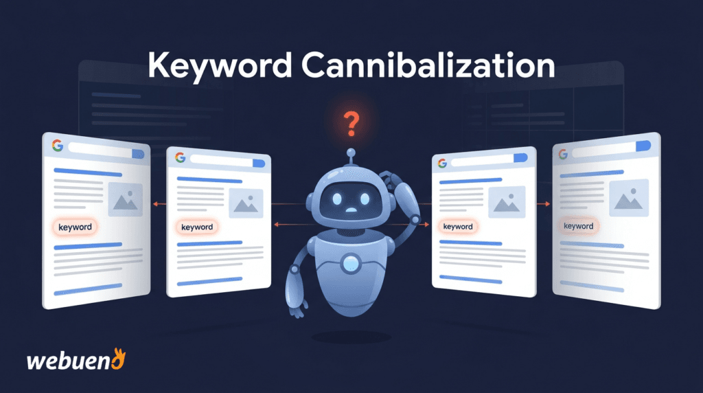 Illustration of a confused Google crawler robot facing several identical webpage cards targeting the same keyword, representing keyword cannibalization in WordPress.