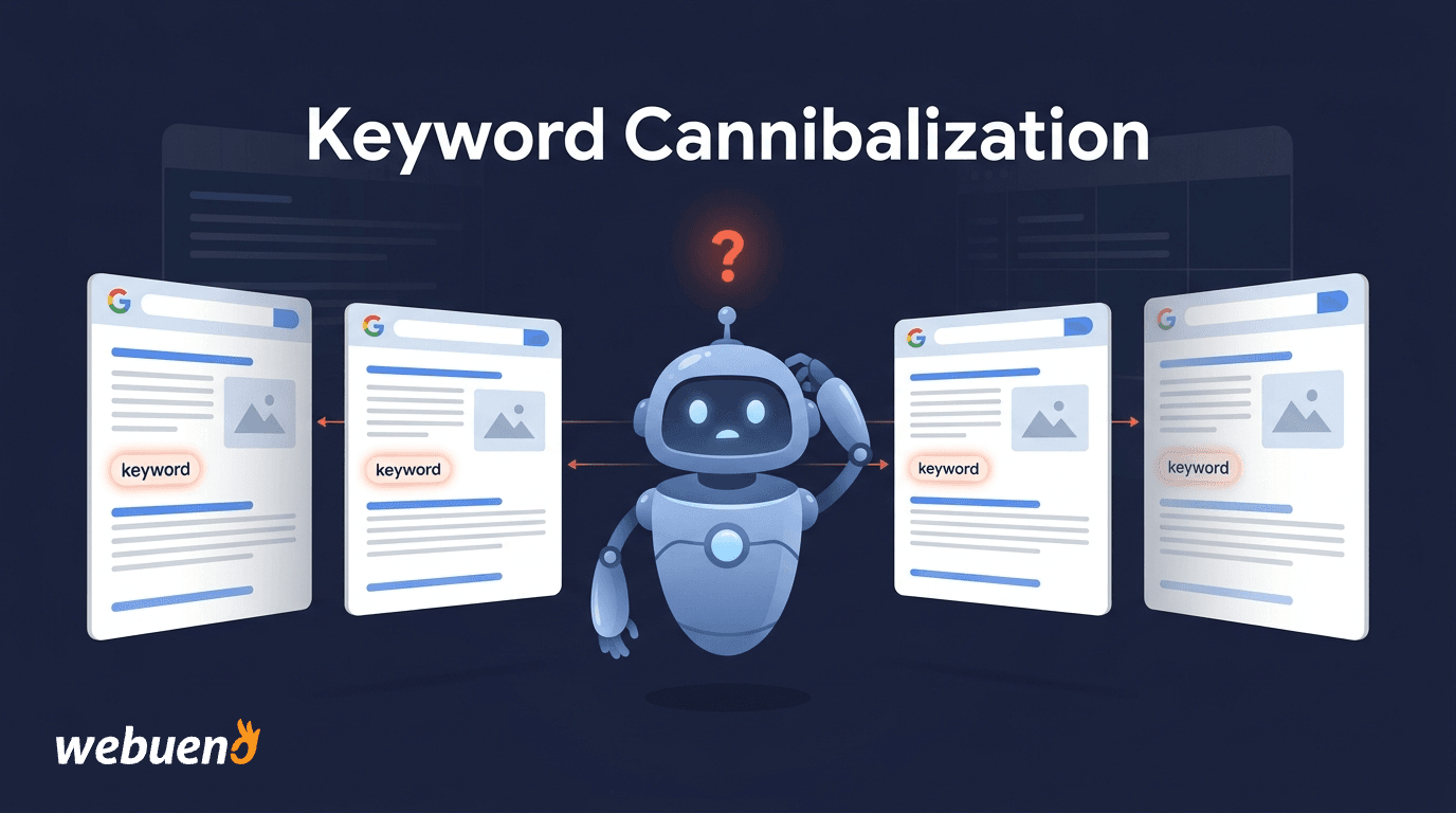 Illustration of a confused Google crawler robot facing several identical webpage cards targeting the same keyword, representing keyword cannibalization in WordPress.