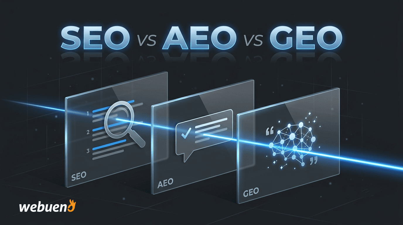 Illustration of three layered glass panels representing SEO, AEO, and GEO connected by a beam of light, showing how the three search optimization disciplines build on each other.