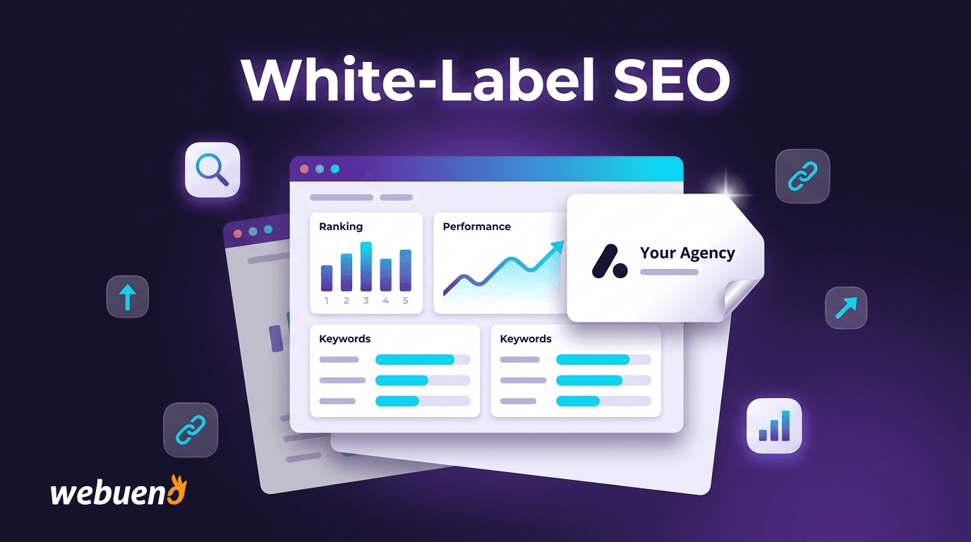Illustration of a branded label being applied over an unbranded SEO report, representing white-label SEO where a provider's work is resold under an agency's own brand.