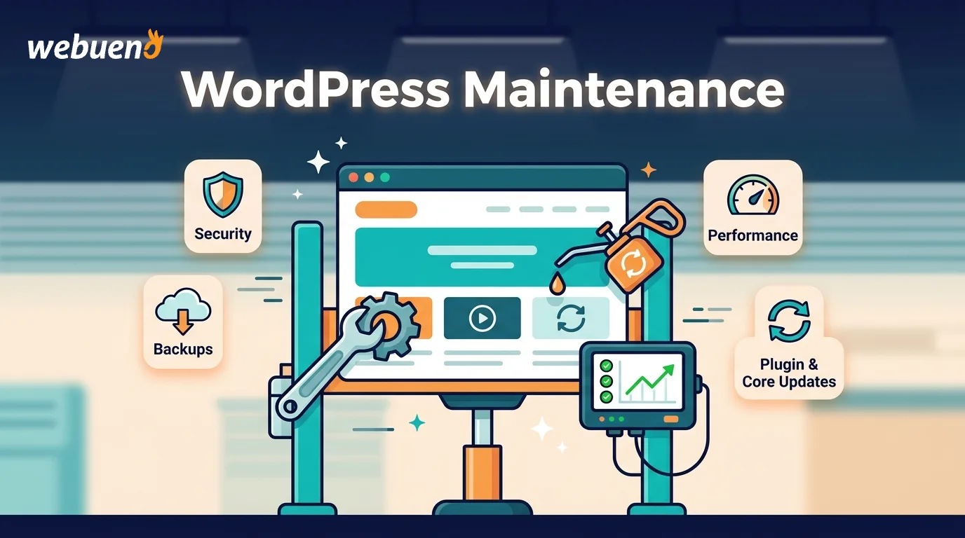 Illustration of a website raised on a mechanic's lift being serviced with maintenance tools representing WordPress maintenance tasks like updates, backups, and security.