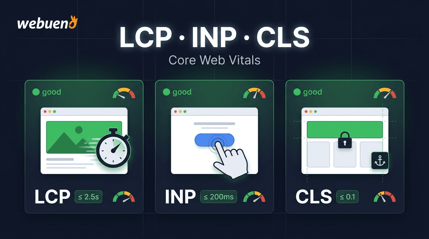 Illustration of the three Core Web Vitals shown as three panels: LCP for loading speed, INP for responsiveness, and CLS for visual stability, with pass thresholds and a green scorecard theme.