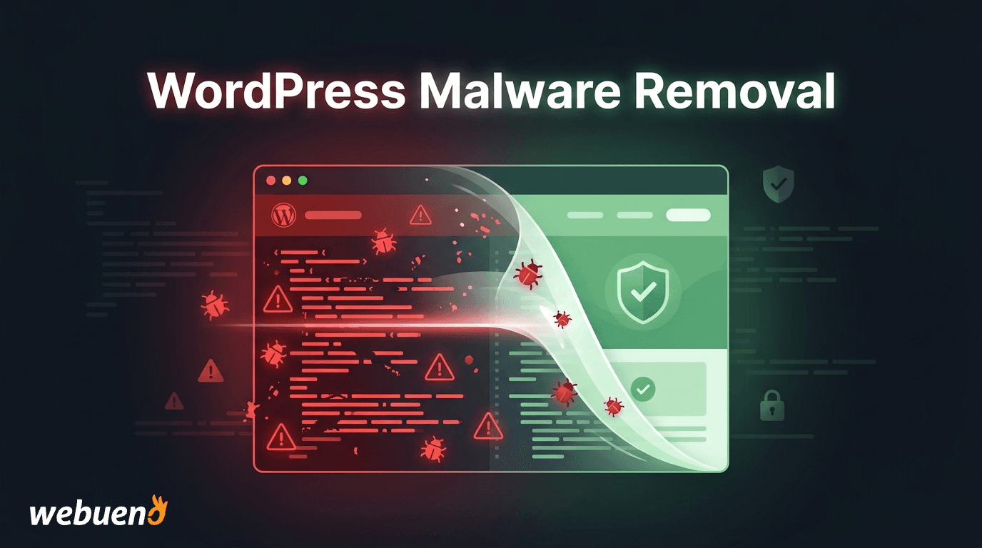 Illustration of a WordPress website transforming from infected with red malware code on the left to clean and secure with a green shield on the right, representing malware removal.