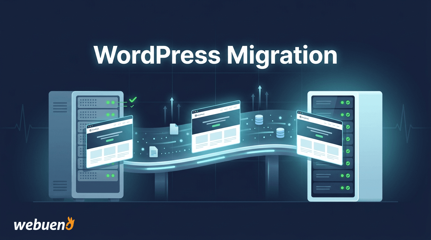 Illustration of a WordPress site moving across a glowing bridge from an old server to a new one, with both servers showing green online status representing zero-downtime migration.