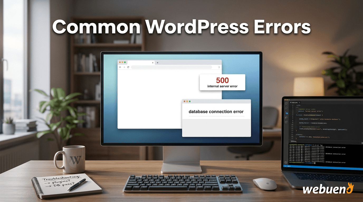 Realistic photo of a computer monitor on an office desk displaying WordPress error messages including a white screen and a database connection error, representing common WordPress troubleshooting and Errors.