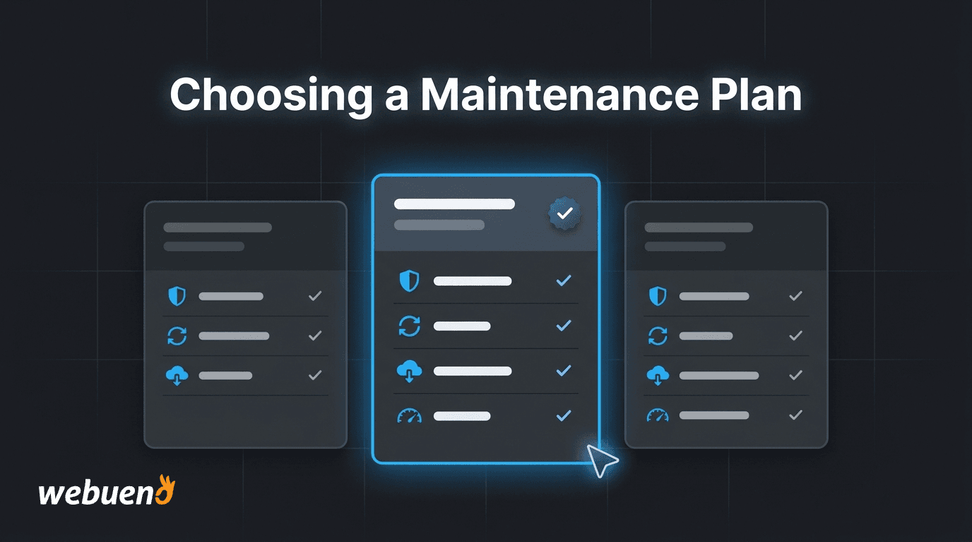 Illustration of three WordPress maintenance plan cards side by side with one highlighted as the right choice, representing how to compare and choose a maintenance plan.