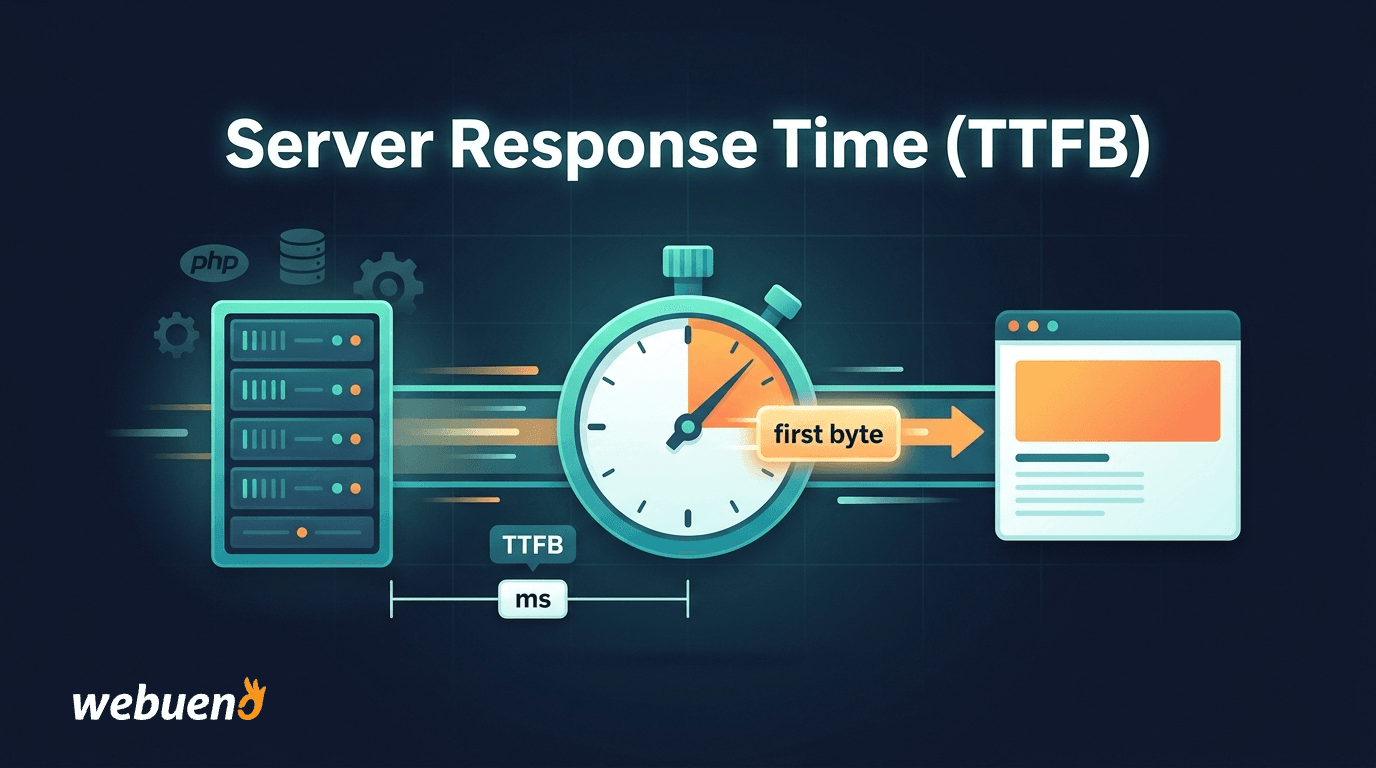 Illustration of a first byte of data traveling from a server to a browser with a stopwatch measuring the delay, representing Time to First Byte (TTFB) server response time in WordPress.
