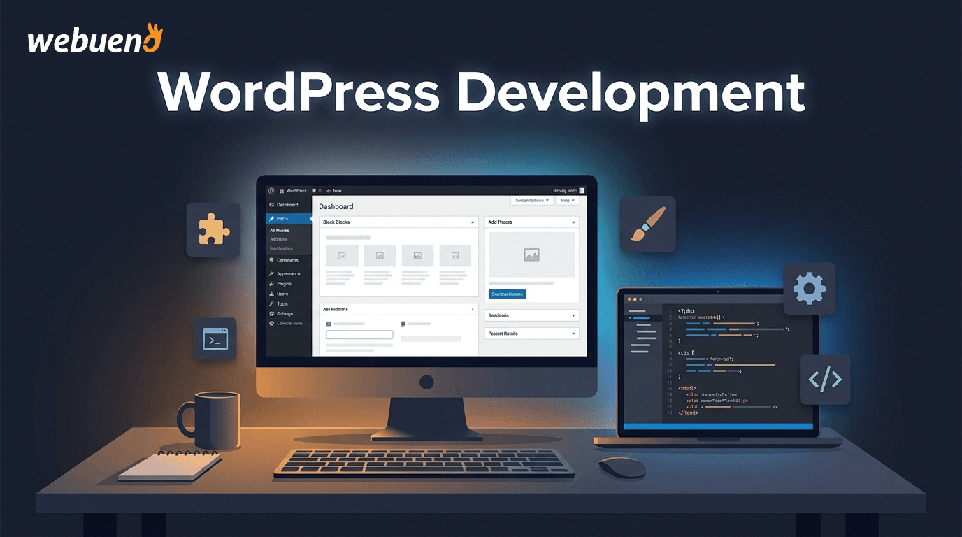 Illustration of a developer's desk with a monitor showing the WordPress dashboard next to a screen of code, representing WordPress development.