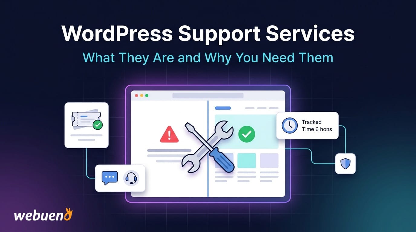 WordPress support services illustration showing a broken website page being repaired by a wrench, surrounded by support ticket, chat, and time tracking icons.